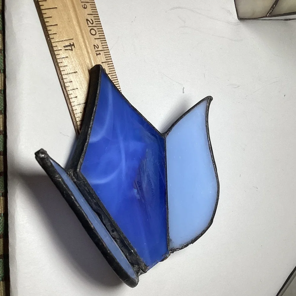 Handmade Stained Glass Dragonfly Holder and Pressed Flower Tulip Set Blue White